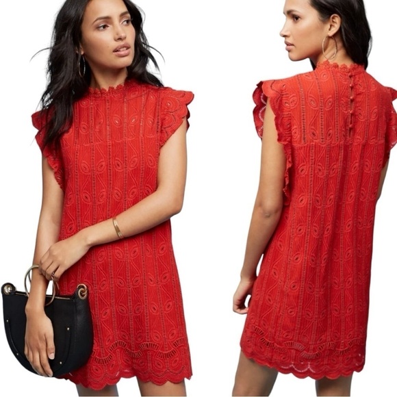 Anthropologie Tularosa Chetna Lace Tunic Dress Red Embroidered Mini Size Medium - Picture 1 of 7